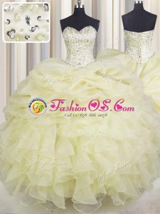 Light Yellow Sleeveless Floor Length Beading and Ruffles Lace Up Quinceanera Gown