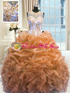 Custom Fit Orange Ball Gowns Organza Scoop Sleeveless Beading and Ruffles Floor Length Zipper Quinceanera Gowns