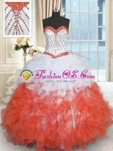 Sweetheart Sleeveless Lace Up Vestidos de Quinceanera White And Red Organza