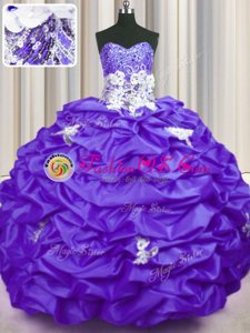 With Train Purple Quince Ball Gowns Taffeta Brush Train Sleeveless Appliques and Sequins and Pick Ups