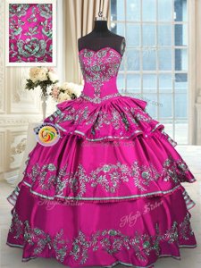 Latest Fuchsia Sleeveless Floor Length Embroidery and Ruffled Layers Lace Up Vestidos de Quinceanera