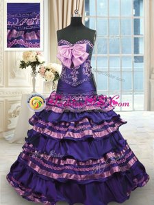 Dark Purple Sweet 16 Dresses Military Ball and Sweet 16 and Quinceanera and For with Appliques and Ruffled Layers and Bowknot Sweetheart Sleeveless Sweep Train Lace Up