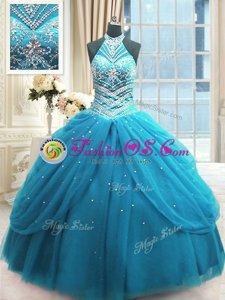 Charming High-neck Sleeveless Lace Up 15th Birthday Dress Baby Blue Tulle
