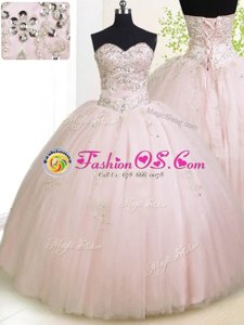 Classical Sleeveless Floor Length Beading and Appliques Lace Up Quince Ball Gowns with Baby Pink