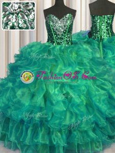 Exquisite Turquoise Ball Gowns Beading and Ruffles Quinceanera Gown Lace Up Organza Sleeveless Floor Length