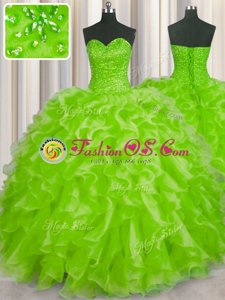 Low Price Yellow Green Sweetheart Neckline Beading and Ruffles Quinceanera Dress Sleeveless Lace Up