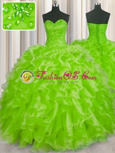 Low Price Yellow Green Sweetheart Neckline Beading and Ruffles Quinceanera Dress Sleeveless Lace Up