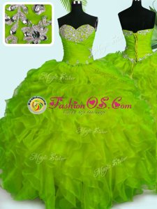 Sleeveless Organza Floor Length Lace Up Quinceanera Gown in Yellow Green for with Beading and Ruffles