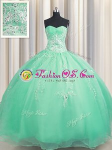 Zipper Up Sleeveless Floor Length Beading and Appliques Zipper Quinceanera Dress with Apple Green