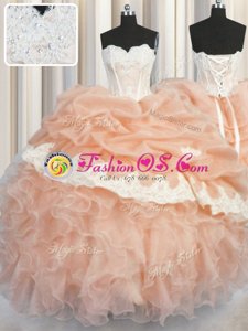 Best Floor Length Peach Sweet 16 Dresses Organza Sleeveless Appliques and Ruffles and Pick Ups