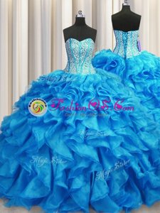 Perfect Visible Boning Baby Blue Sleeveless Organza Brush Train Lace Up Sweet 16 Quinceanera Dress for Military Ball and Sweet 16 and Quinceanera