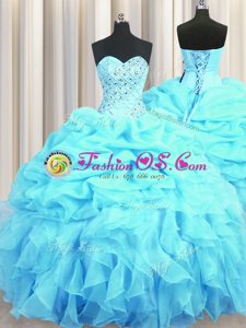 Clearance Floor Length Aqua Blue 15th Birthday Dress Organza Sleeveless Beading and Ruffles and Pick Ups