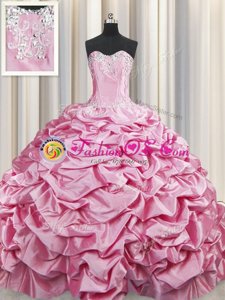 Perfect Rose Pink Ball Gowns Sweetheart Sleeveless Taffeta Brush Train Lace Up Beading and Pick Ups Sweet 16 Quinceanera Dress