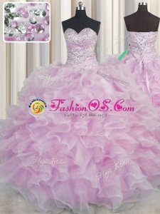 Inexpensive Bling-bling Floor Length Lace Up Sweet 16 Dress Lilac and In for Military Ball and Sweet 16 and Quinceanera with Beading and Ruffles