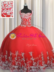Floor Length Lace Up Sweet 16 Dress Coral Red and In for Military Ball and Sweet 16 and Quinceanera with Beading and Appliques