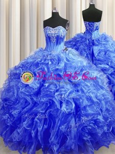 Custom Designed Royal Blue Ball Gowns Sweetheart Sleeveless Organza Sweep Train Lace Up Beading and Ruffles Vestidos de Quinceanera