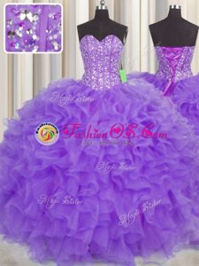 Lovely Visible Boning Sleeveless Organza Floor Length Lace Up Quince Ball Gowns in Purple for with Lace and Ruffles and Sashes|ribbons