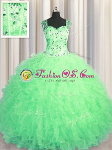 See Through Zipper Up Tulle Sleeveless Floor Length Quinceanera Gown and Beading and Ruffles