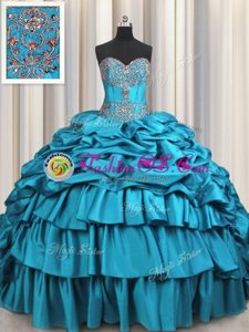 Sweetheart Sleeveless Taffeta Quinceanera Dress Beading and Embroidery and Ruffled Layers and Pick Ups Brush Train Lace Up