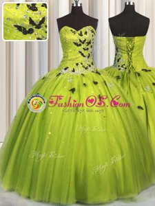 Olive Green Tulle Lace Up Quince Ball Gowns Sleeveless Floor Length Beading and Appliques