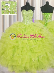 Visible Boning Floor Length Lace Up Quinceanera Dress Yellow Green and In for Military Ball and Sweet 16 and Quinceanera with Beading and Ruffles