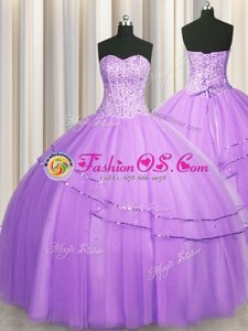 Modern Visible Boning Puffy Skirt Lilac Ball Gowns Sweetheart Sleeveless Tulle Floor Length Lace Up Beading 15 Quinceanera Dress