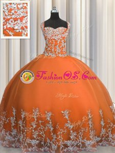 Orange Red Vestidos de Quinceanera Military Ball and Sweet 16 and Quinceanera and For with Beading and Appliques Straps Sleeveless Lace Up