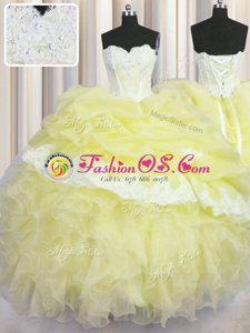 Fantastic Floor Length Lace Up Sweet 16 Quinceanera Dress Light Yellow and In for Military Ball and Sweet 16 and Quinceanera with Beading and Appliques and Ruffles and Pick Ups