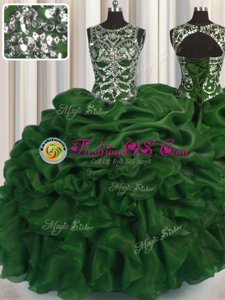 Attractive See Through Dark Green Ball Gowns Scoop Sleeveless Organza Floor Length Lace Up Beading and Pick Ups Quinceanera Dress