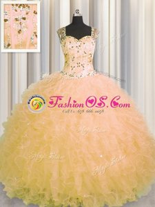 See Through Zipper Up Ball Gowns Ball Gown Prom Dress Gold Straps Tulle Sleeveless Floor Length Zipper
