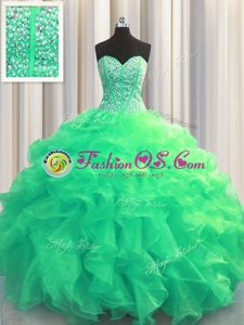 Visible Boning Floor Length Turquoise 15 Quinceanera Dress Sweetheart Sleeveless Lace Up