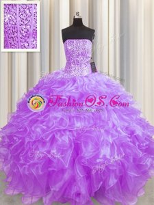 Discount Visible Boning Floor Length Lilac Vestidos de Quinceanera Organza Sleeveless Beading and Ruffles