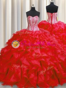 Flare Visible Boning Red Lace Up Quince Ball Gowns Beading and Ruffles Sleeveless Floor Length