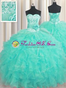 Custom Designed Handcrafted Flower Floor Length Aqua Blue Ball Gown Prom Dress Organza Sleeveless Beading and Ruffles and Hand Made Flower