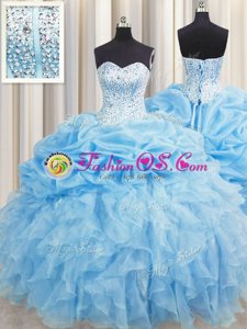 Luxury Visible Boning Sweetheart Sleeveless Organza Vestidos de Quinceanera Beading and Ruffles and Pick Ups Lace Up