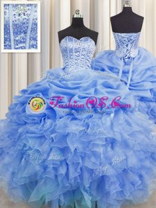 Pick Ups Visible Boning Sweetheart Sleeveless Lace Up Quinceanera Gown Blue Organza