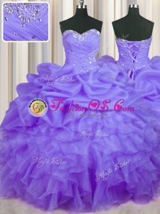 Sweetheart Sleeveless 15 Quinceanera Dress Floor Length Beading and Ruffles and Pick Ups Lavender Organza