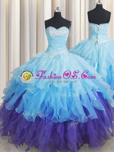 Organza Sweetheart Sleeveless Lace Up Beading and Ruffles and Ruffled Layers and Sequins Sweet 16 Quinceanera Dress in Multi-color