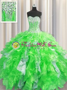 Custom Design Visible Boning Beading and Ruffles and Sequins Quince Ball Gowns Lace Up Sleeveless Floor Length