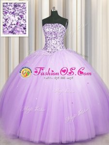 Really Puffy Lavender Lace Up Ball Gown Prom Dress Beading and Sequins Sleeveless Floor Length