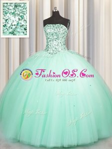 Puffy Skirt Apple Green Tulle Lace Up Quinceanera Gown Sleeveless Floor Length Beading and Sequins