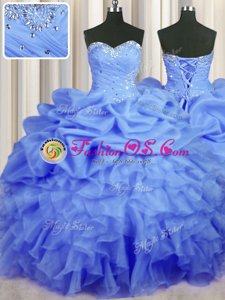 Best Floor Length Lace Up Ball Gown Prom Dress Blue and In for Military Ball and Sweet 16 and Quinceanera with Beading and Ruffles and Ruching and Pick Ups