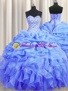 Perfect Blue Lace Up Sweetheart Beading and Ruffles and Pick Ups Sweet 16 Dresses Organza Sleeveless