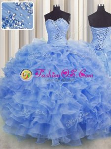 Glamorous Blue Ball Gowns Sweetheart Sleeveless Organza Floor Length Lace Up Beading and Ruffles Vestidos de Quinceanera