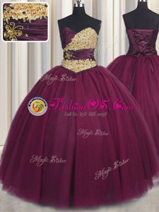 Perfect Burgundy Tulle Lace Up Ball Gown Prom Dress Sleeveless Floor Length Beading and Appliques