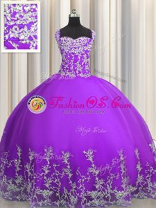 Beading and Appliques Quinceanera Dresses Eggplant Purple Lace Up Sleeveless Floor Length