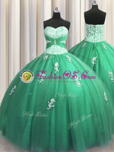 Turquoise Sleeveless Floor Length Beading and Appliques Lace Up Quince Ball Gowns