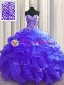 Dramatic Visible Boning Purple Sleeveless Organza Lace Up Sweet 16 Quinceanera Dress for Military Ball and Sweet 16 and Quinceanera