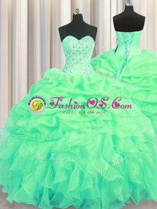 Green Organza Lace Up Quince Ball Gowns Sleeveless Floor Length Beading and Ruffles and Pick Ups