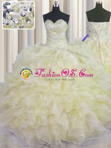 Low Price Floor Length Ball Gowns Sleeveless Light Yellow Sweet 16 Dresses Lace Up